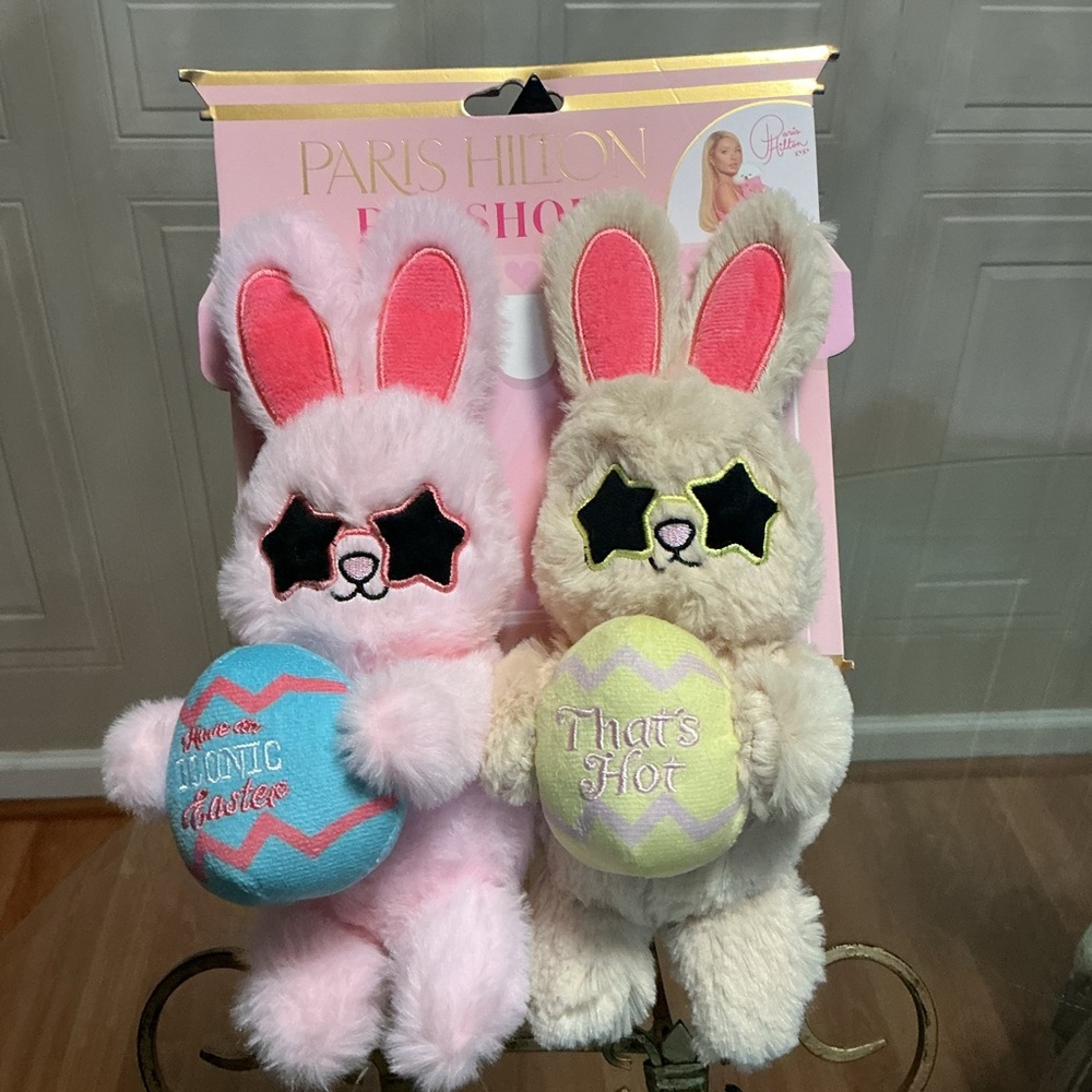 Brand New Set Of 2 Easter Paris Hilton Bunnies Dog  Toy- Very Solf  Squeaker 10” - Picture 5 of 6